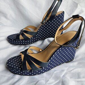 Ann Taylor Wedge Sandals Navy & White Sz 9.5 M Polka Dot Leather Ankle straps 8M